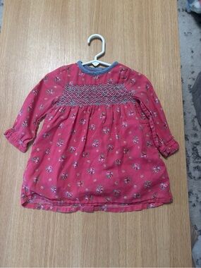 Baby Boden Pink Floral Smocked Dress with Blue Trim